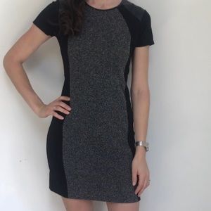 Career dress, faux leather inlays